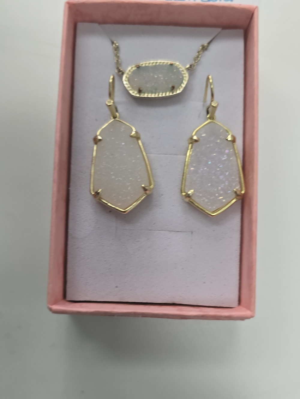White Druzy Teardrop Pendant Necklace and Earrings Set - Gold Frame